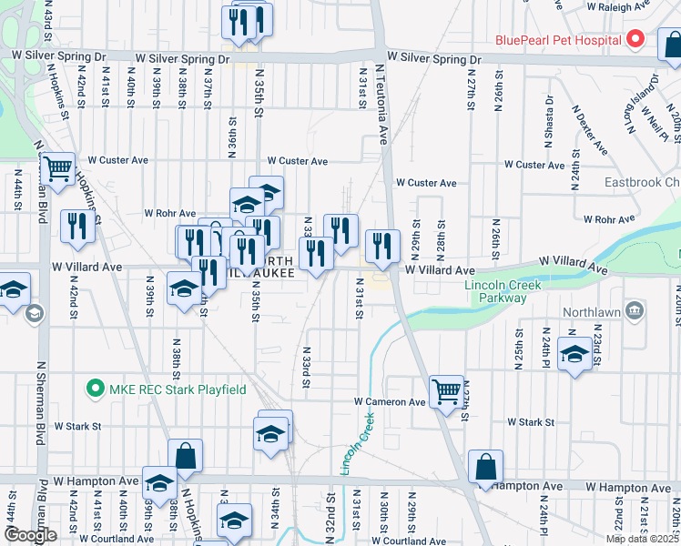 map of restaurants, bars, coffee shops, grocery stores, and more near 3201 West Villard Avenue in Milwaukee
