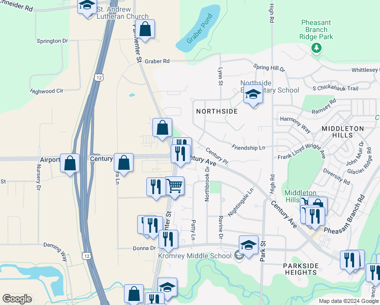 map of restaurants, bars, coffee shops, grocery stores, and more near 7402 Century Avenue in Middleton