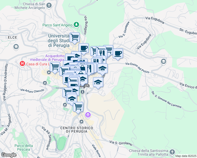 map of restaurants, bars, coffee shops, grocery stores, and more near 37 Via Abruzzo in Perugia