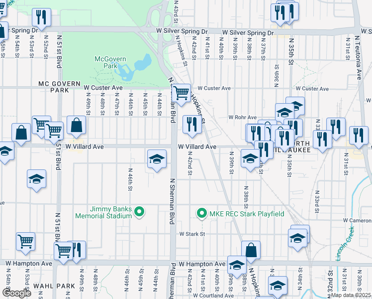 map of restaurants, bars, coffee shops, grocery stores, and more near 5176 North Sherman Boulevard in Milwaukee