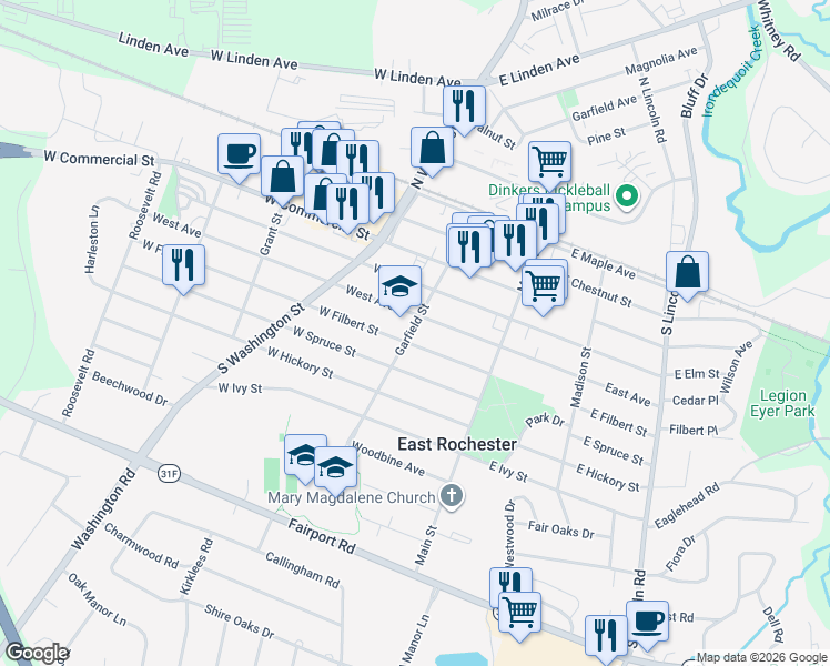 map of restaurants, bars, coffee shops, grocery stores, and more near 133 West Filbert Street in East Rochester