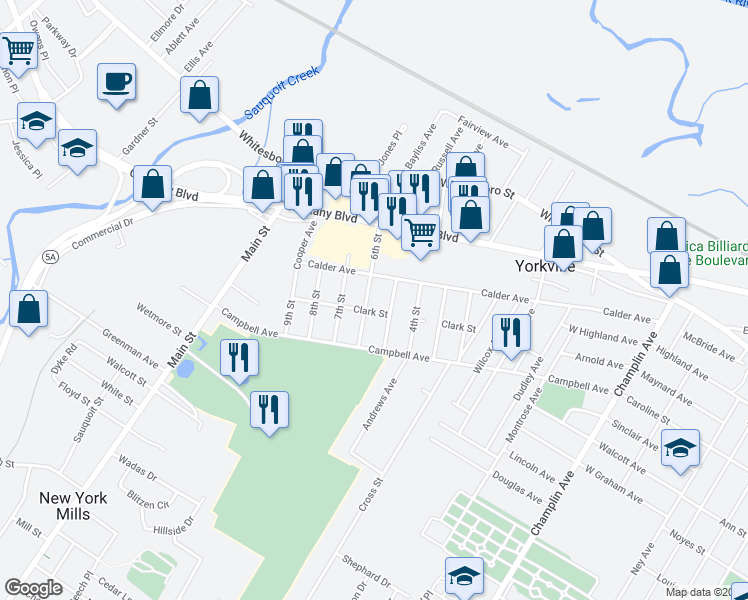 map of restaurants, bars, coffee shops, grocery stores, and more near 22 6th Street in Yorkville