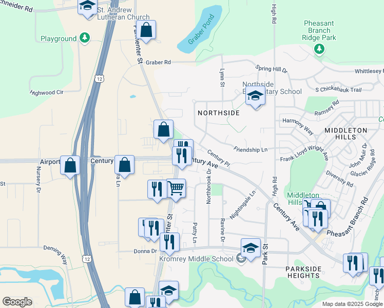 map of restaurants, bars, coffee shops, grocery stores, and more near 7418 Century Avenue in Middleton