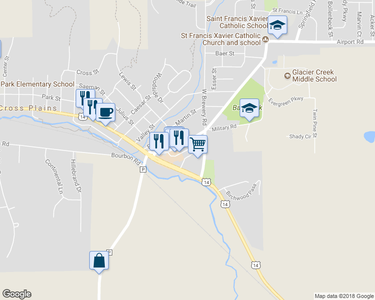 map of restaurants, bars, coffee shops, grocery stores, and more near 30 Glaciers Edge Square in Cross Plains