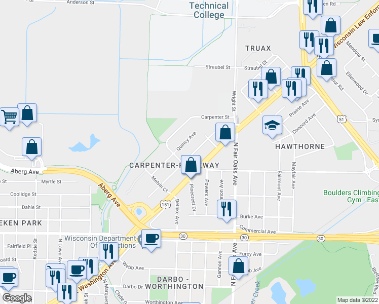 map of restaurants, bars, coffee shops, grocery stores, and more near 3322 Ridgeway Avenue in Madison