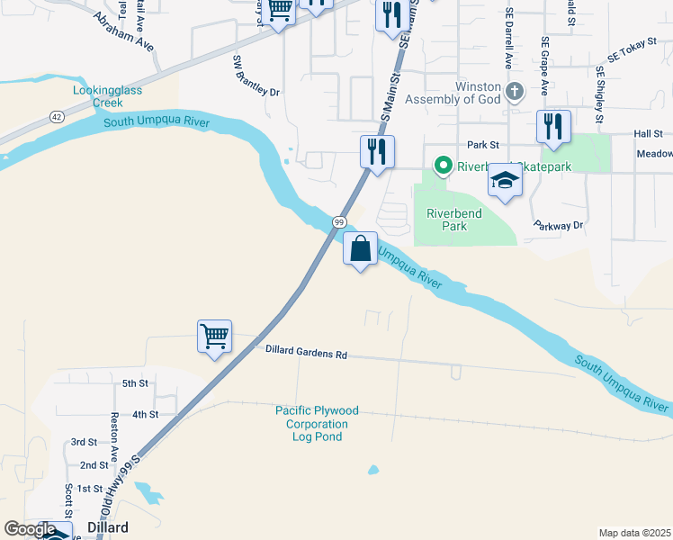 map of restaurants, bars, coffee shops, grocery stores, and more near 8374 Old Highway 99 South in Winston