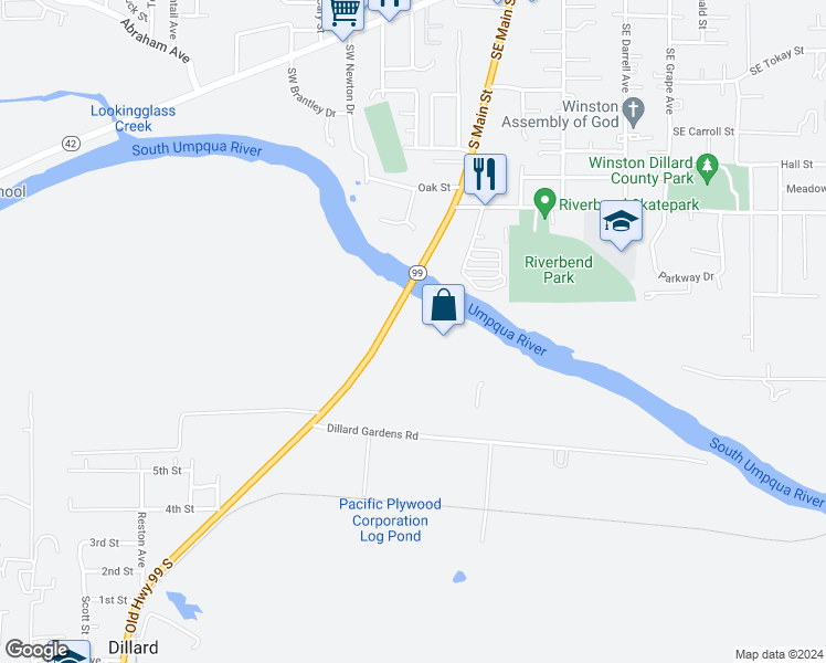 map of restaurants, bars, coffee shops, grocery stores, and more near 8374 Old Highway 99 South in Winston
