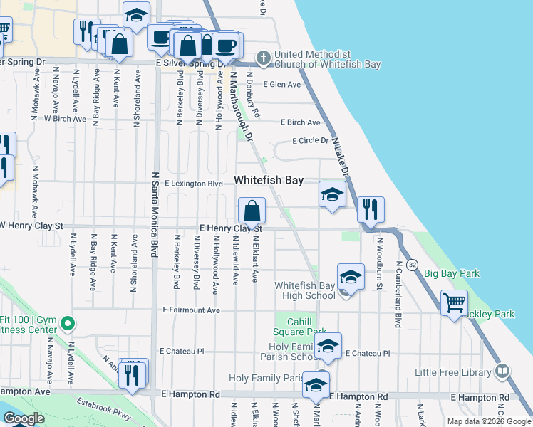 map of restaurants, bars, coffee shops, grocery stores, and more near 820 East Henry Clay Street in Whitefish Bay