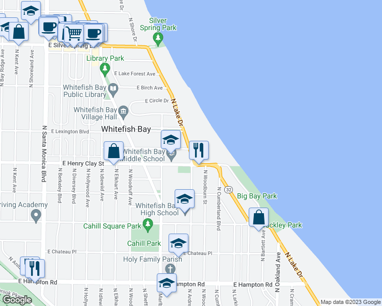 map of restaurants, bars, coffee shops, grocery stores, and more near 5225 North Lake Drive in Milwaukee