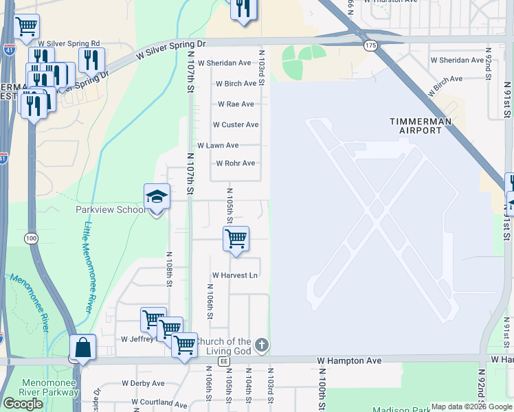 map of restaurants, bars, coffee shops, grocery stores, and more near 10305 West Villard Avenue in Milwaukee