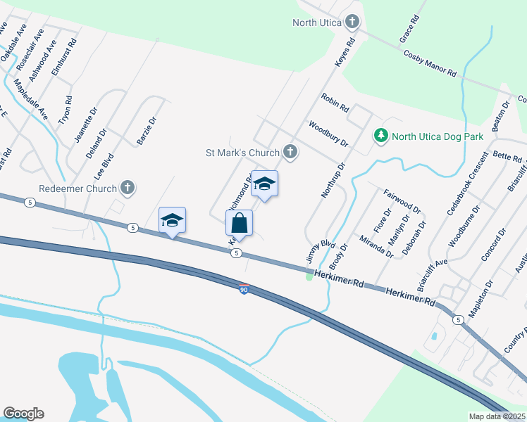 map of restaurants, bars, coffee shops, grocery stores, and more near 420 Keyes Road in Utica