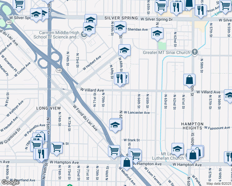 map of restaurants, bars, coffee shops, grocery stores, and more near 5171 North 69th Street in Milwaukee