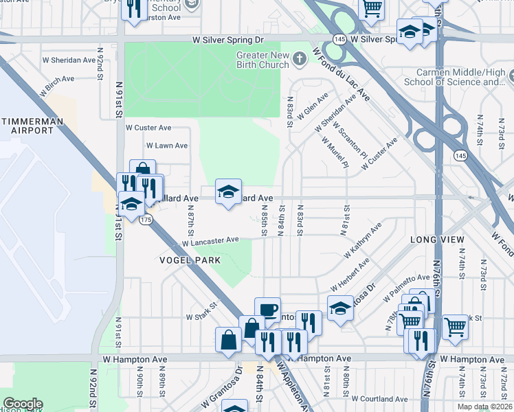 map of restaurants, bars, coffee shops, grocery stores, and more near 5150 North 85th Street in Milwaukee
