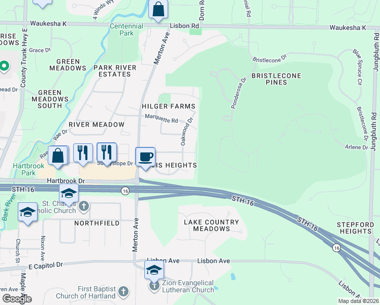 map of restaurants, bars, coffee shops, grocery stores, and more near 509 Oakwood Drive in Hartland