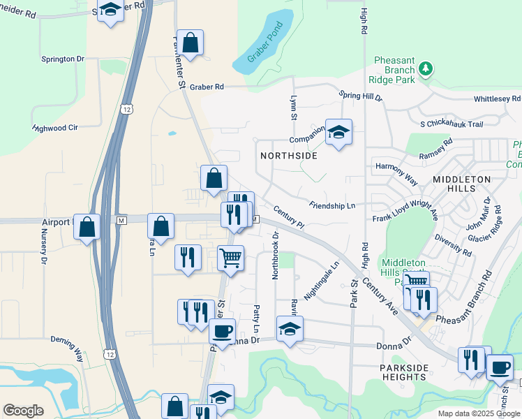 map of restaurants, bars, coffee shops, grocery stores, and more near 7418 County Highway M in Middleton