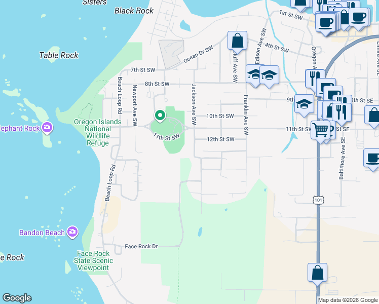 map of restaurants, bars, coffee shops, grocery stores, and more near 1260 Jackson Avenue Southwest in Bandon