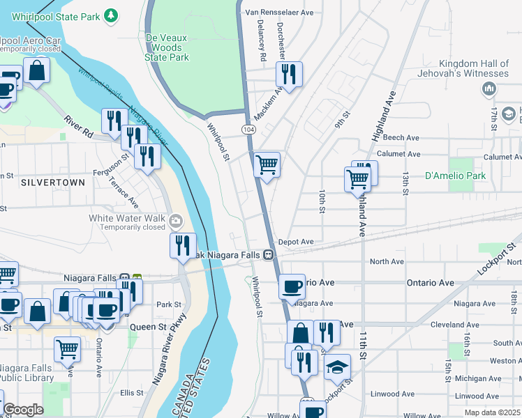 map of restaurants, bars, coffee shops, grocery stores, and more near 799 Bellevue Avenue in Niagara Falls