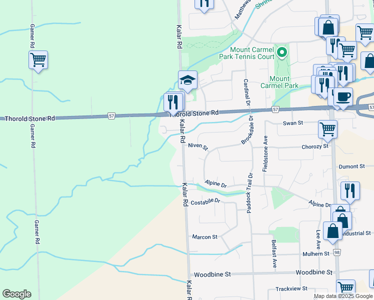 map of restaurants, bars, coffee shops, grocery stores, and more near 4160 Kalar Road in Niagara Falls
