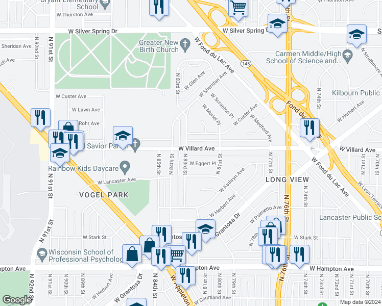 map of restaurants, bars, coffee shops, grocery stores, and more near 8235 West Villard Avenue in Milwaukee