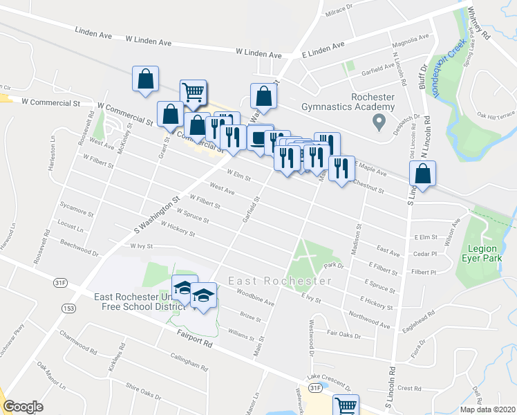 map of restaurants, bars, coffee shops, grocery stores, and more near 502 Garfield Street in East Rochester