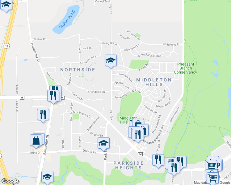 map of restaurants, bars, coffee shops, grocery stores, and more near 6990 Frank Lloyd Wright Avenue in Middleton