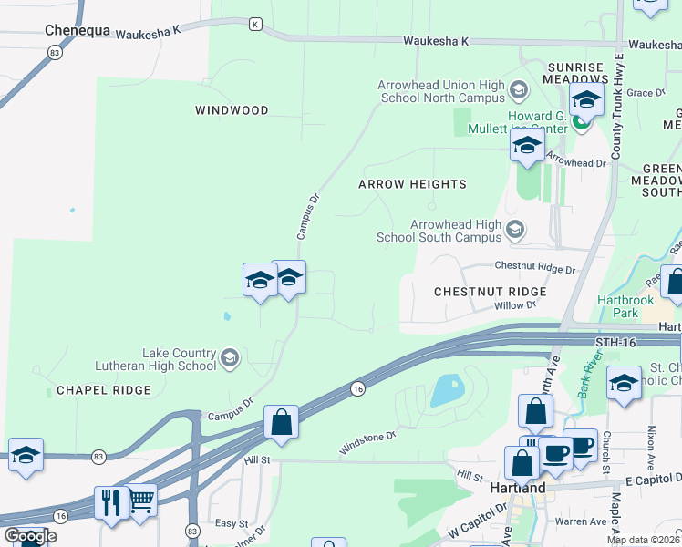 map of restaurants, bars, coffee shops, grocery stores, and more near Campus Drive in Hartland