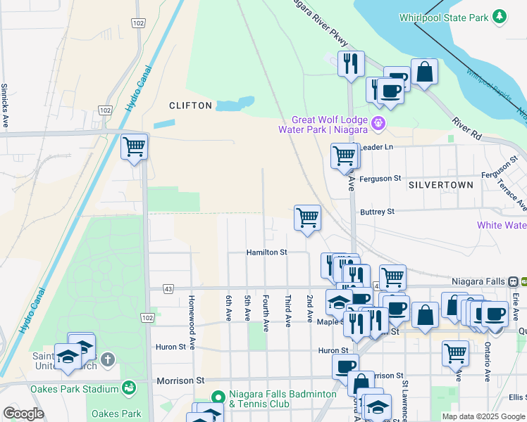 map of restaurants, bars, coffee shops, grocery stores, and more near 4261 Fourth Avenue in Niagara Falls