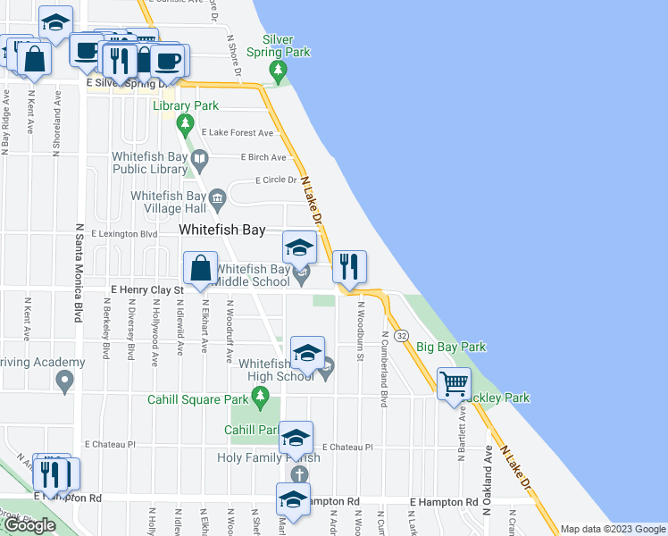 map of restaurants, bars, coffee shops, grocery stores, and more near 5231 North Lake Drive in Milwaukee