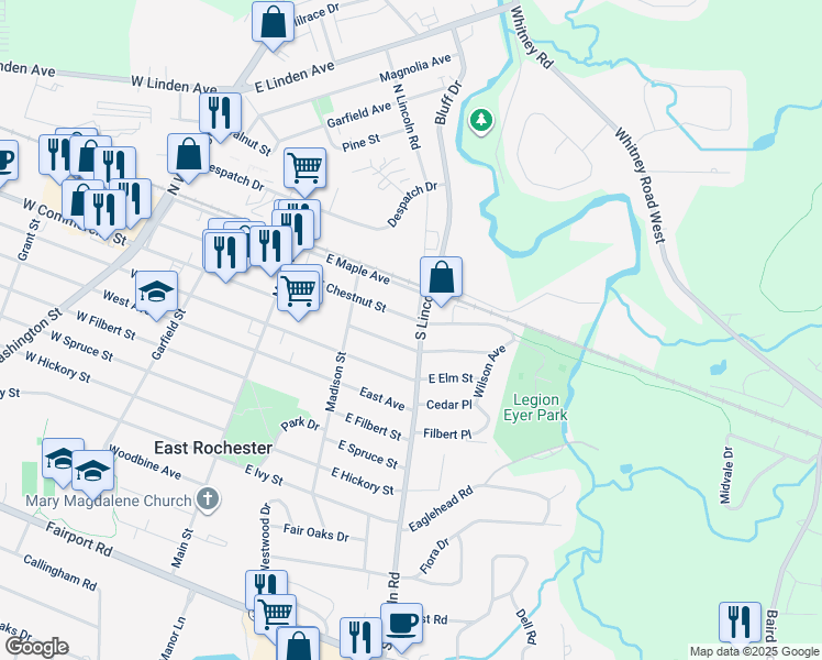 map of restaurants, bars, coffee shops, grocery stores, and more near 212 County Road 36 in East Rochester