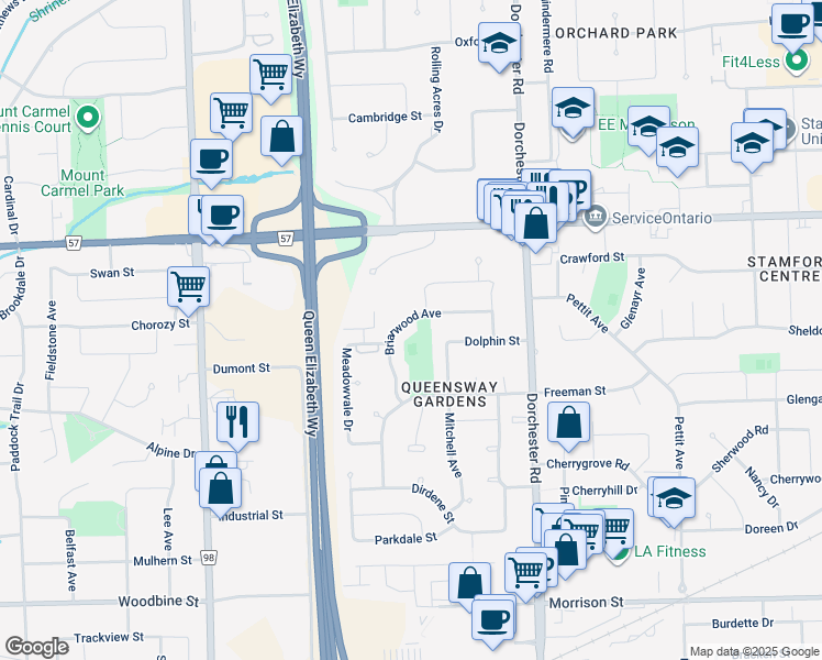map of restaurants, bars, coffee shops, grocery stores, and more near 4240 Briarwood Avenue in Niagara Falls