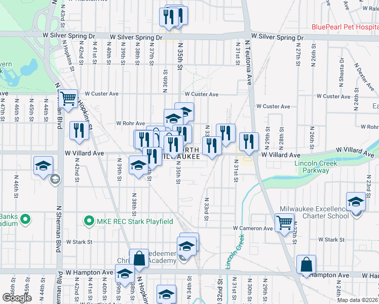 map of restaurants, bars, coffee shops, grocery stores, and more near 3401 West Villard Avenue in Milwaukee