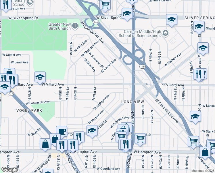 map of restaurants, bars, coffee shops, grocery stores, and more near 7822 West Kathryn Avenue in Milwaukee