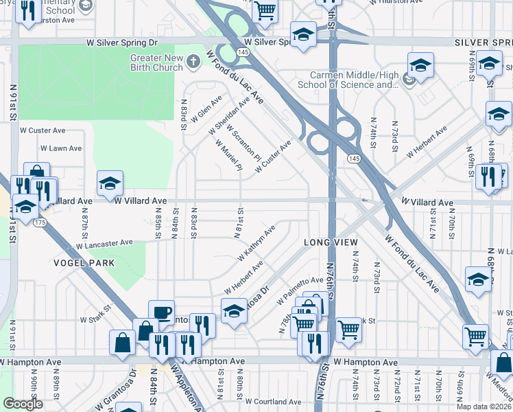 map of restaurants, bars, coffee shops, grocery stores, and more near 7862 West Kathryn Court in Milwaukee