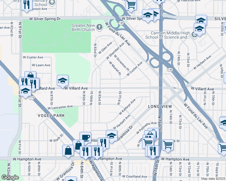 map of restaurants, bars, coffee shops, grocery stores, and more near 8122 West Eggert Place in Milwaukee