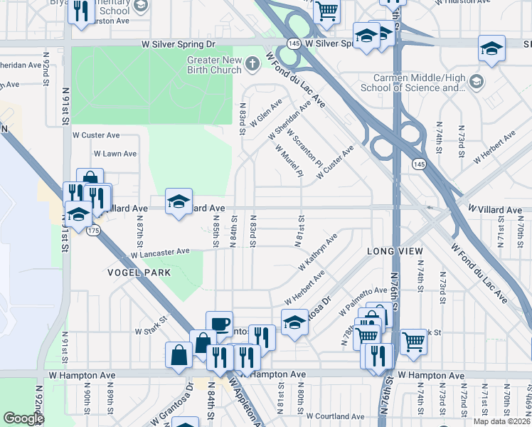 map of restaurants, bars, coffee shops, grocery stores, and more near 8228 West Eggert Place in Milwaukee