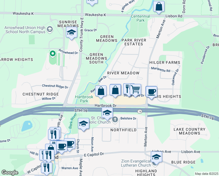 map of restaurants, bars, coffee shops, grocery stores, and more near 496 Sunnyslope Drive in Hartland