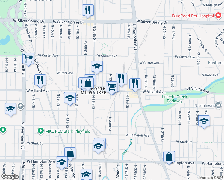 map of restaurants, bars, coffee shops, grocery stores, and more near 3216 West Villard Avenue in Milwaukee