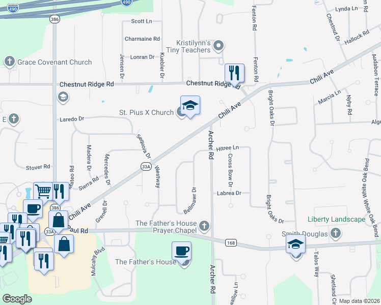 map of restaurants, bars, coffee shops, grocery stores, and more near 10 Bellmawr Drive in Rochester
