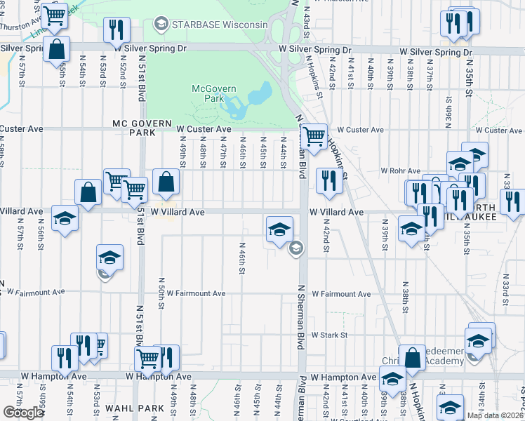 map of restaurants, bars, coffee shops, grocery stores, and more near W Villard Ave & N 45th St in Milwaukee