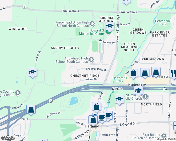 map of restaurants, bars, coffee shops, grocery stores, and more near 190 Linden Court in Hartland