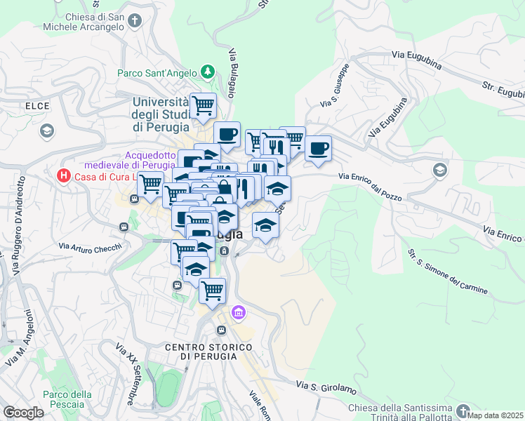 map of restaurants, bars, coffee shops, grocery stores, and more near 23-37 Via Abruzzo in Perugia