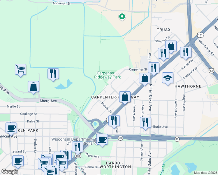 map of restaurants, bars, coffee shops, grocery stores, and more near 3222 Quincy Avenue in Madison