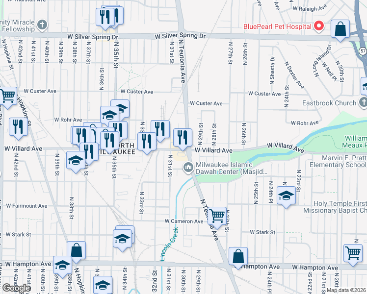 map of restaurants, bars, coffee shops, grocery stores, and more near 3025 West Villard Avenue in Milwaukee
