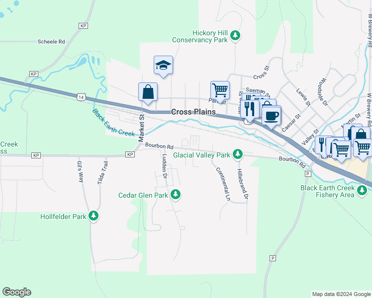 map of restaurants, bars, coffee shops, grocery stores, and more near 103 Pine Meadows Court in Cross Plains