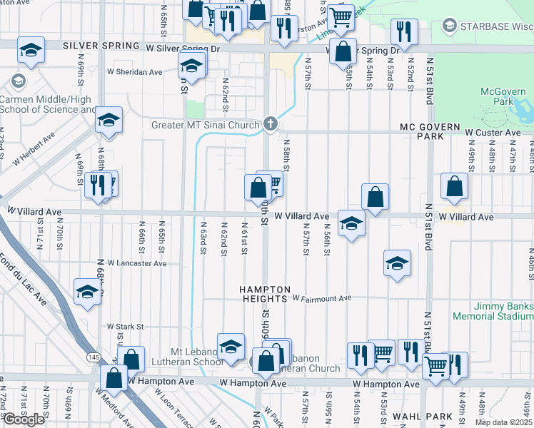 map of restaurants, bars, coffee shops, grocery stores, and more near North 60th Street in Milwaukee