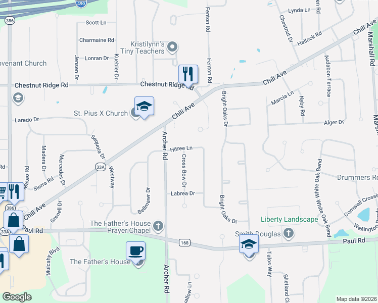 map of restaurants, bars, coffee shops, grocery stores, and more near 29 Hitree Lane in Rochester