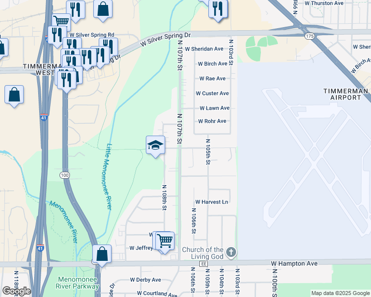 map of restaurants, bars, coffee shops, grocery stores, and more near 5152 North 107th Street in Milwaukee