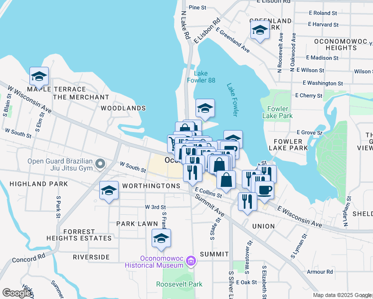 map of restaurants, bars, coffee shops, grocery stores, and more near in Oconomowoc