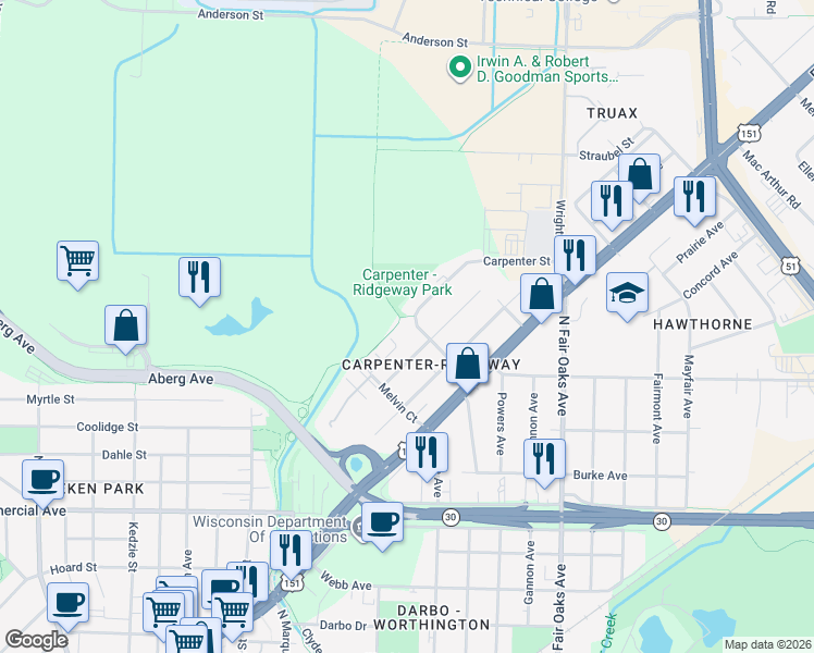 map of restaurants, bars, coffee shops, grocery stores, and more near 3222 Quincy Avenue in Madison