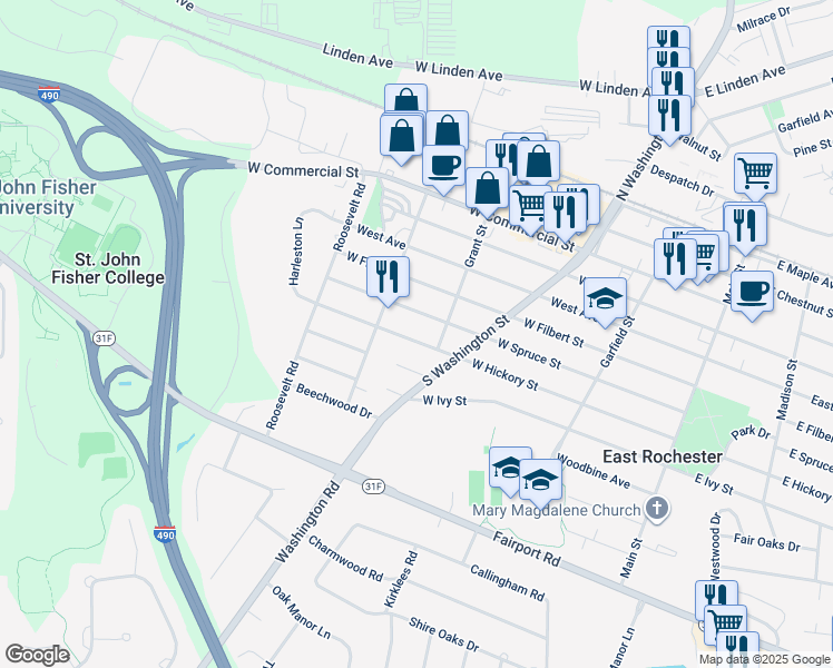 map of restaurants, bars, coffee shops, grocery stores, and more near 411 West Hickory Street in East Rochester